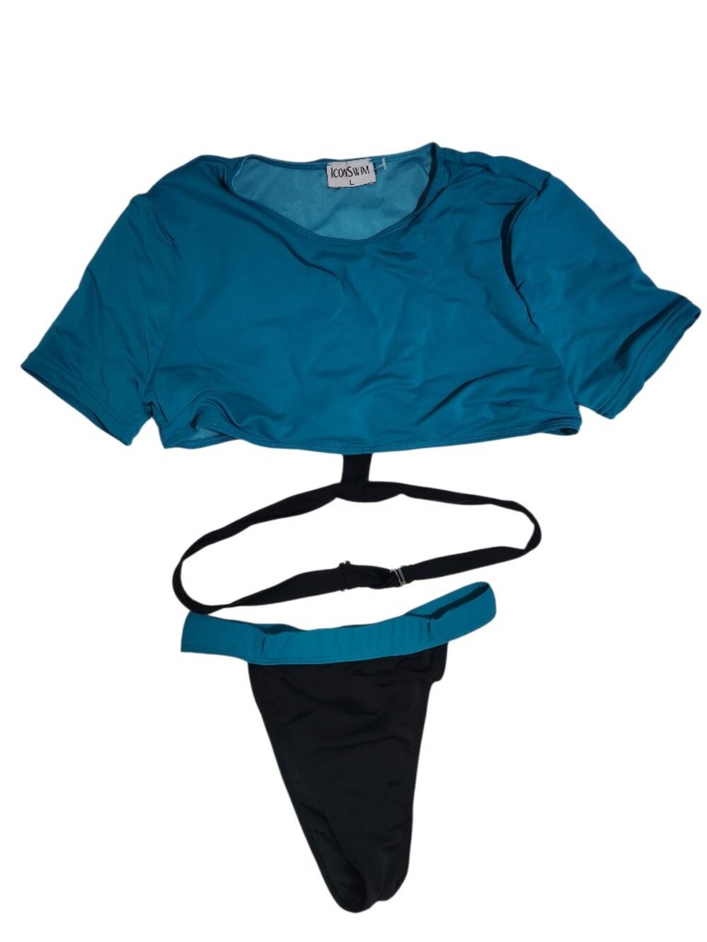 Iconswim Two Piece Swimsuit Size L Navy Blue Turquoise Short Sleeve Bikini